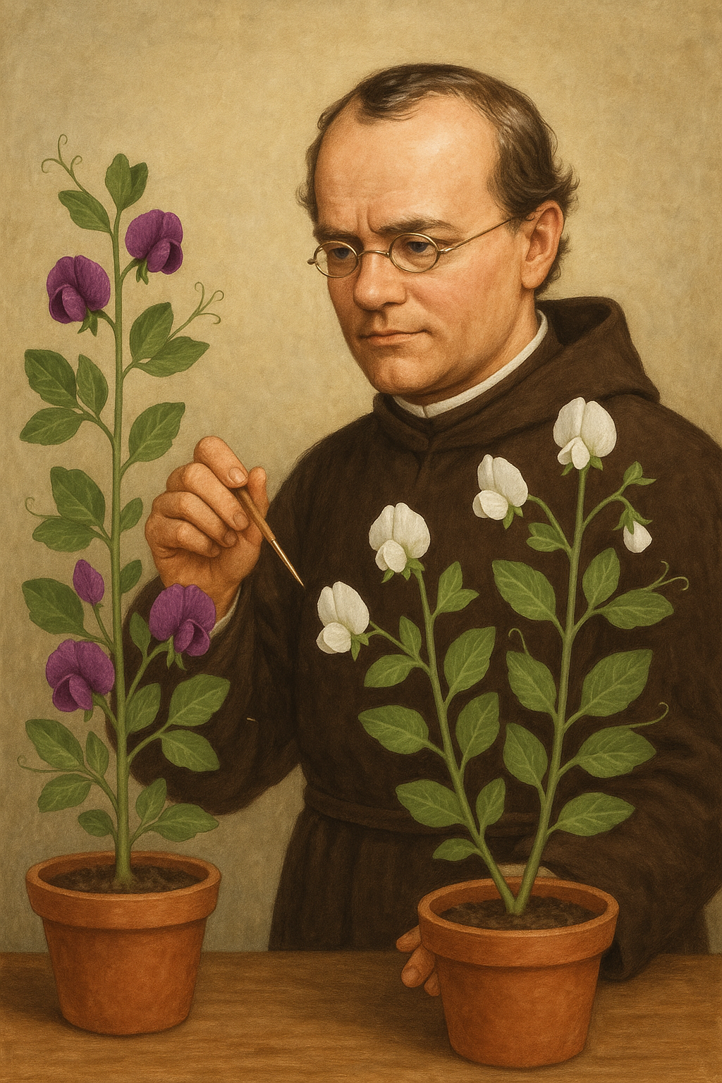Gregor Mendel working with his pea plants in the monastery garden